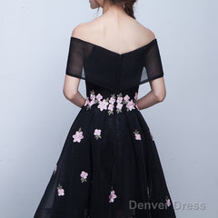 Black Off Shoulder High Low Party Dresses With Flower Lace, Black Short Homecoming Dresses