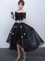 Black Off Shoulder High Low Party Dresses With Flower Lace, Black Short Homecoming Dresses