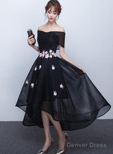 Black Off Shoulder High Low Party Dresses With Flower Lace, Black Short Homecoming Dresses