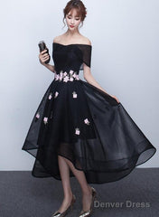 Black Off Shoulder High Low Party Dresses With Flower Lace, Black Short Homecoming Dresses