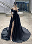 Black Off Shoulder Satin A-Line Long Forml Dress, Black Wedding Prom Dresses