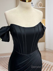 Black Off Shoulder Satin Mermaid Long Prom Dress, Black Long Evening Dress