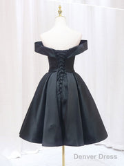 Black Off Shoulder Satin Short Prom Dress, Black Homecoming Dress