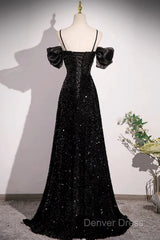 Black Off Shoulder Sequin Long Prom Dresses Evening Dresses With Bow Knot