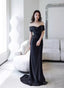 Black Off Shoulder Soft Satin Floor Length Prom Dress, Black Satin Prom Dresses