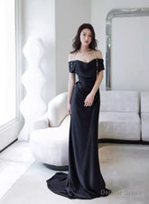 Black Off Shoulder Soft Satin Floor Length Party Dress, Black Satin Evening Dress