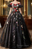 Black Off Shoulder Sweet 16 Dress With Flowers, Black Ball Gowns Prom Dresses