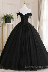 Black Off Shoulder Sweet 16 Formal Dresses With Lace, Black Long Prom Dresses