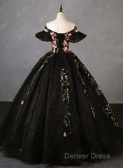 Black Off Shoulder Tulle Ball Gown Sweet 16 Dresses, Black Floral Prom Dresses Party Dresses