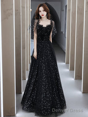 Black Off Shoulder Tulle Long Prom Dress, A-Line Black Shiny Tulle Formal Dress