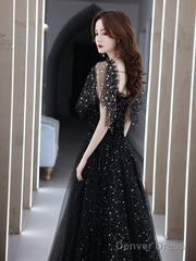 Black Off Shoulder Tulle Long Prom Dress, A-Line Black Shiny Tulle Formal Dress