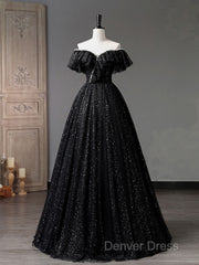 Black Off Shoulder Tulle Long Prom Dresses, Black Formal Evening Dresses
