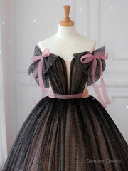 Black off shoulder tulle long prom dress, black tulle formal dress