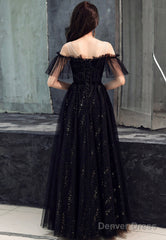 Black Off Shoulder Tulle Party Dress, A-Line Black Formal Dress Prom Dress