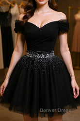Black Off Shoulder Tulle Sequin Short Prom Dresses, Black Homecoming Dresses