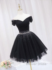 Black Off Shoulder Tulle Sequin Short Prom Dresses, Black Homecoming Dresses