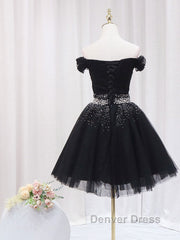 Black Off Shoulder Tulle Sequin Short Prom Dresses, Black Homecoming Dresses