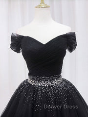Black Off Shoulder Tulle Sequin Short Prom Dresses, Black Homecoming Dresses