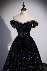 Black Off the Shoulder Beaded Long Formal Dress, Black Shiny Sequins Evening Dress