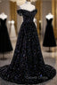 Black Off the Shoulder Beaded Long Formal Dresses, Black Shiny Sequins Evening Dresses