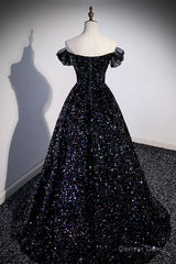 Black Off the Shoulder Beaded Long Formal Dress, Black Shiny Sequins Evening Dress