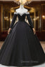 Black Off the Shoulder Pearls Long Sleeve Prom Dress, A Line Prom Dresses with Slit