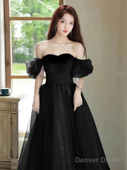 Black Off The Shoulder Velvet And Tulle Long Prom Dress, A-Line Black Evening Dress