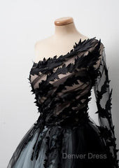 Black One Shoulder Tulle Long Prom Dresses Evening Dresses