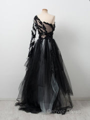 Black One Shoulder Tulle Long Prom Dresses Evening Dresses