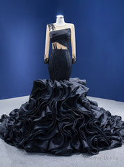 Black Organza Mermaid Long Sleeve Beading Prom Dress