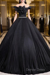 Black Pleated Long A-Line Party Gown With Rhinestone Sash, Elegant Off The Shoulder Formal Evening Dresses