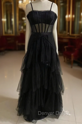 Black Prom Dresses, Elegant A-line Layered Tulle Prom Dresses,Sheer Corset Long Evening Dresses