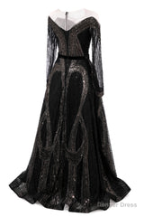 Black Prom Dresses A-line Heavily Beading Long Sleeves Women Evening Dresses