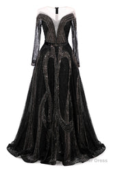 Black Prom Dresses A-line Heavily Beading Long Sleeves Women Evening Dresses