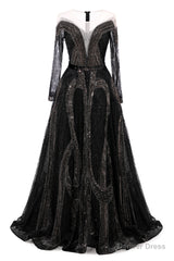 Black Prom Dresses A-line Heavily Beading Long Sleeves Women Evening Dresses