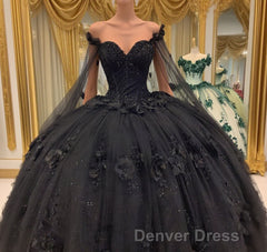 Black Quinceanera Dresses with Flowers,Long Sweet 16 Dresses
