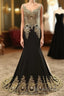 Black Round Neck Lace Applique Long Prom Dresses, Black Evening Dresses