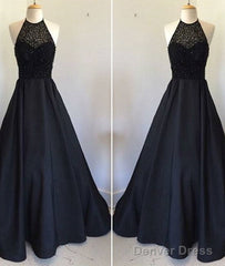 Black Round Neck Satin Long Prom Dress, Black Evening Dress