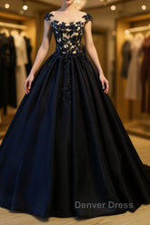 Black round neck satin long prom gown, black evening Dresses