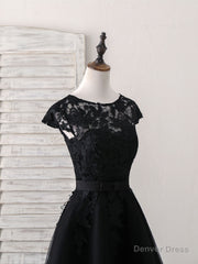 Black Round Neck Tulle Lace Applique Short Prom Dress, Black Homecoming Dress
