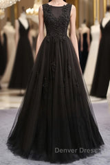 Black round neck tulle lace long prom Dresses, black evening Dresses