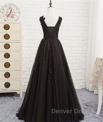 Black round neck tulle lace long prom Dresses, black evening Dresses