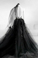 Black Round Neck Tulle Lace Long Prom Dresses Black Tulle Formal Dresses