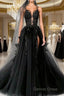 Black Round Neck Tulle Lace Long Prom Dresses Black Tulle Formal Dresses
