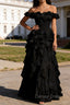 Black Ruffled A-Line Square Neck Long Prom Dresses