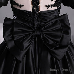 Black Satin A-line Floor Length Long Party Dress with Lace, Black Long Formal Dress