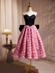 Black Satin And Pink Ruffle Flower Short Prom Dress, Lovely A-Line Strapless Bow Party Cocktail Dress