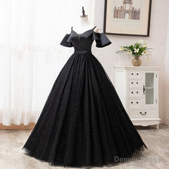 Black Satin and Tulle Ball Gown Off Shoulder Evening Dress Party Gown, Black Long Formal Dress