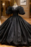 Black Satin Ball Gown Puff Sleeve Prom Dresses