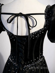 Black Satin Beaded Floor Length Prom Dresses, Black A-Line Short Sleeve Evening Dresses